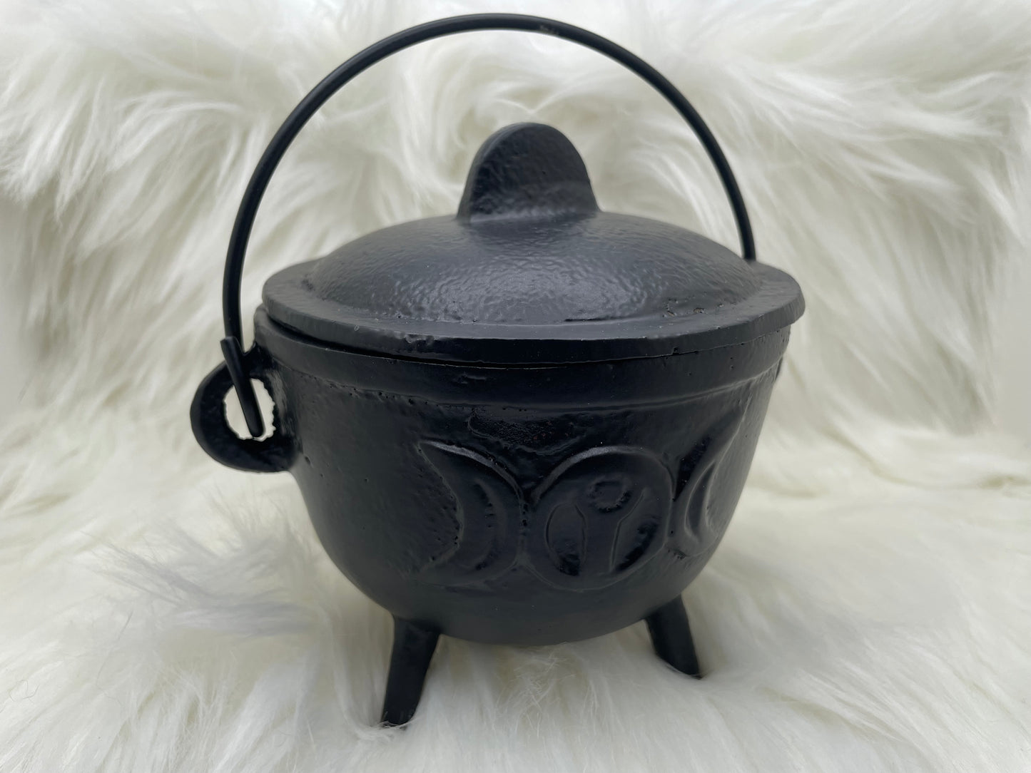 Black Metal Cauldron With Triple Moon Accent