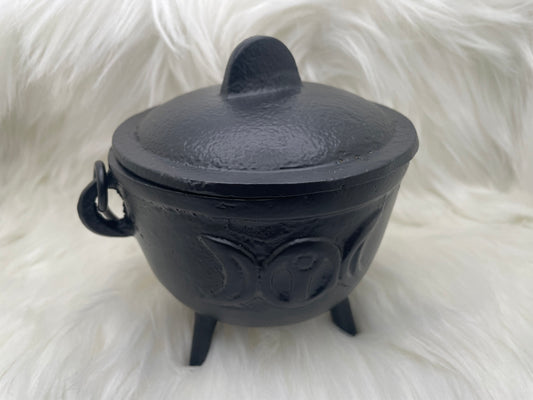 Black Metal Cauldron With Triple Moon Accent