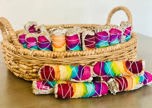 White Sage w/ Rainbow Chakra Roses Smudge Sticks in Bulk (sold individually)